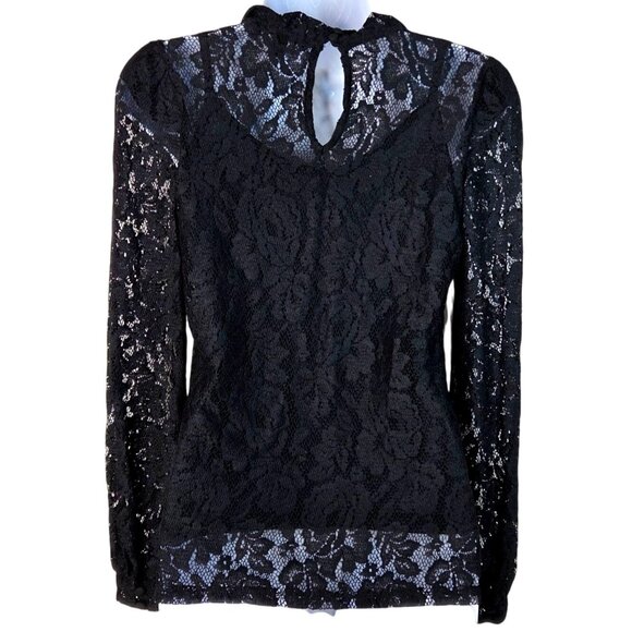 Black Lace Long Sleeve Top By INC Elegant Floral Pattern Keyhole Back Petite Med - Picture 2 of 7